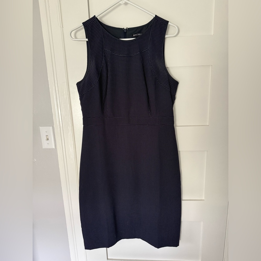 J. Crew Factory Sleeveless Sheath Dress in Navy and White Micro Dot Pattern